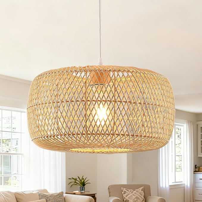 Hand-Woven Rattan Drum Pendant Light, 16in Boho Wicker Chandelier Hanging Lighting Fixture Coastal Pendant Lights for Dining Room Kitchen Island Living Room Bedroom Foyer Entrance
