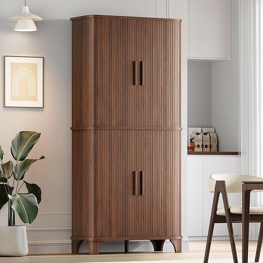 69" Tall Kitchen Pantry Storage Cabinet with Sliding Door, Modern Curved Edge Pantry Storage Cabinet with 5 Shelves, Cupboard for the Kitchen, Dining Room, Bedroom, Living Room, Office (Walnut)