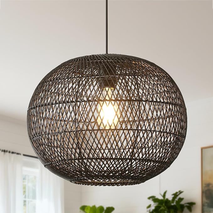 Black Rattan Pendant Light, 16in Globe Rattan Chandelier Boho Wicker Hanging Lighting Fixture Black Woven Chandelier for Dining Room Kitchen Island Living Room Bedroom Foyer Entrance