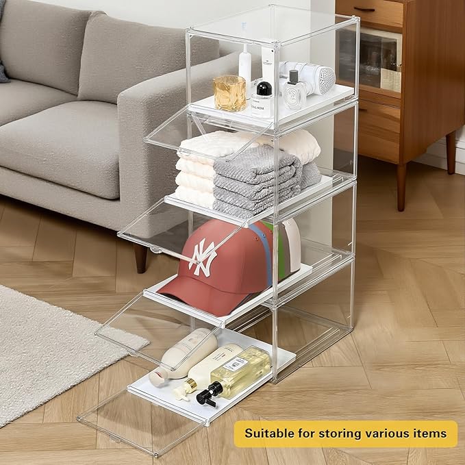 Hat Organizer Cap Box, Stackable Clear Baseball Caps Holder Containers with Magnetic Door for Hats Snapback Cap Storage, Pull Out Drawer Hat Rack Display Case (3pack)