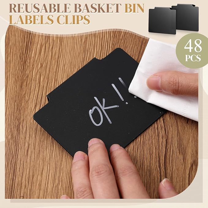 50 Pcs Basket Labels Clip Set for Storage Bins - Include 48 Removable PVC Bin Label Holders with 2 Chalk Markers for Kitchen Pantry Organization Labeling Box Shelf (Black)