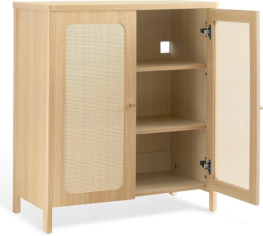 Rattan Sideboard Buffet Cabinet 2 Door Boho Kitchen Storage Cabinet Accent Console for Living Room, Hallway, Kitchen, Sideboard, Buffet Table Natural Oak