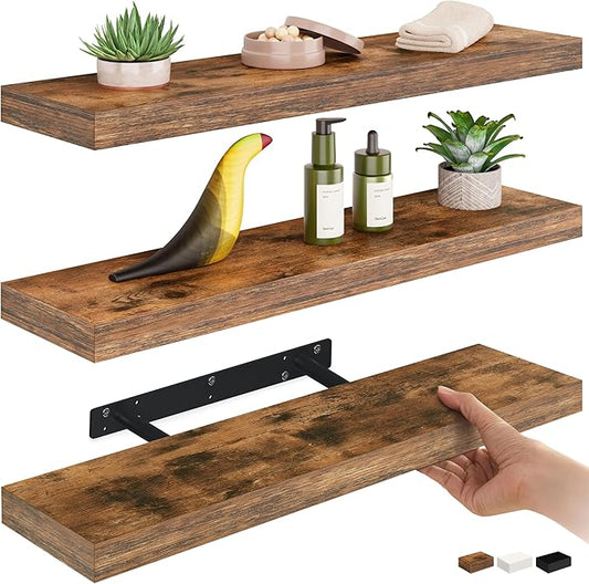 Ballucci Floating Shelves for Wall, 24" Wood Shelf Set of 3, Invisible Brackets Floating Shelf for Wall Decor Living Room, Bathroom, Bedroom, Kitchen, 6" Depth, Rustic Brown