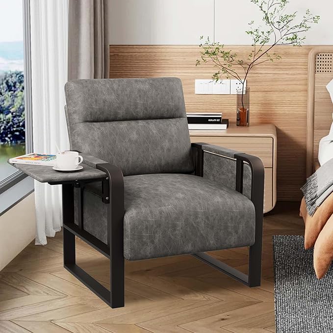 Modern Accent Chair with Tray Table PU Leather Upholstered Armchair for Bedroom Leisure Living Room Chairs Office Chair Grey
