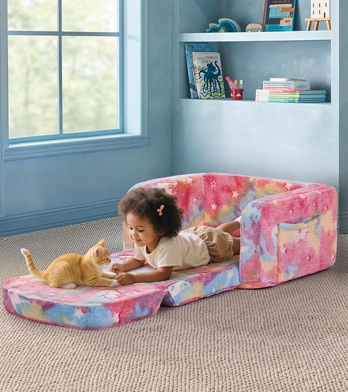 Kids Couch, 2-in-1 Soft Toddler Couch Fold Out with Blanket and Cloud Pillow, Glow in The Dark, Toddler Chair Comfy, Convertible Sofa, Gifts for Kids Girl Boys, Medium Pink Unicorn