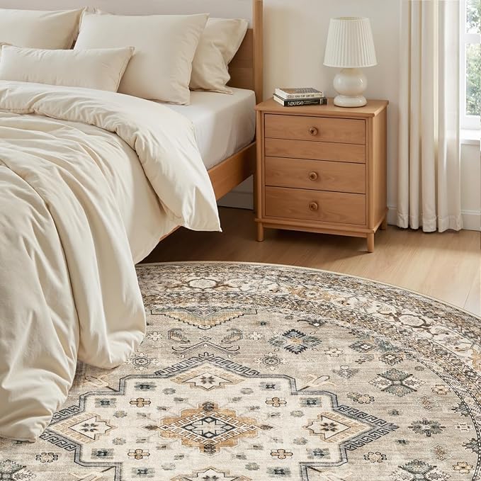6ft Round Vintage Living Room Area Rug - 6x6 Large Soft Washable Oriental Traditional Distressed Farmhouse Rugs for Bedroom - Indoor Floor Accent Carpet for Home Office House Decor - Beige