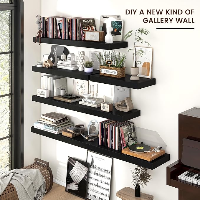 Floating Shelves for Wall, 55 Inch Wide x 12 Inch Deep Floating Shelves, Long Wood Floating Wall Shelf Shelves for Living Room Bathroom Bedroom Kitchen Home - (Black, 55" W x 12" D x 2" H)