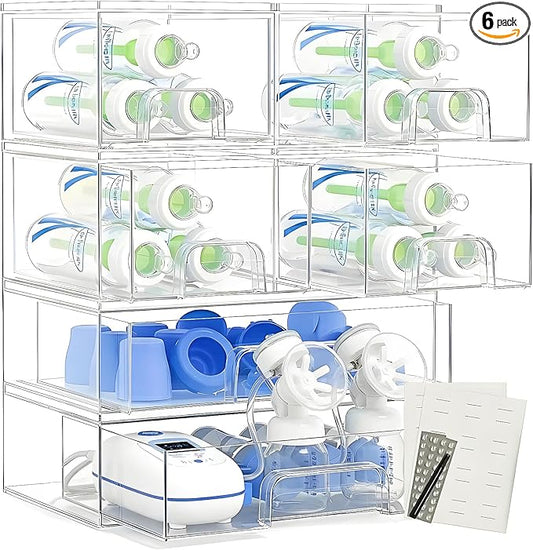 Clear Baby Bottle Organizer For Cabinet, Storage Bins with Pull-Out Drawers, 6-Pack Organizer Set with Labels, Premium PET Plastic Storage Organizer for Pantry, Bathroom, Vanity, Countertop