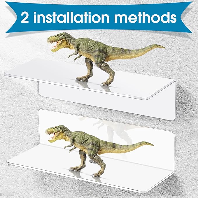 8 Pieces Acrylic Floating Wall Shelves 9 Inches Adhesive Floating Shelf Screwless Shelves Hanging Shelves Small Self Adhesive Display Shelf for Smart Speaker, Action Figures, Security Cameras (White)