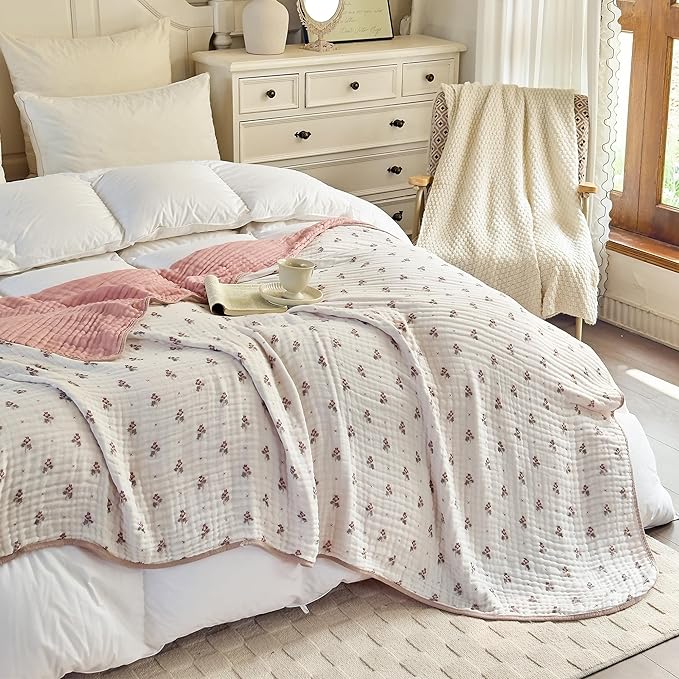 Muslin Blankets 100% Cotton 6-Layer Gauze Floral Pattern Throw Blanket Lightweight Soft and Breathable King Size Blanket for Sofa Couch Bed Coverlet Both Sides (Floral Red, King 90" X 104")