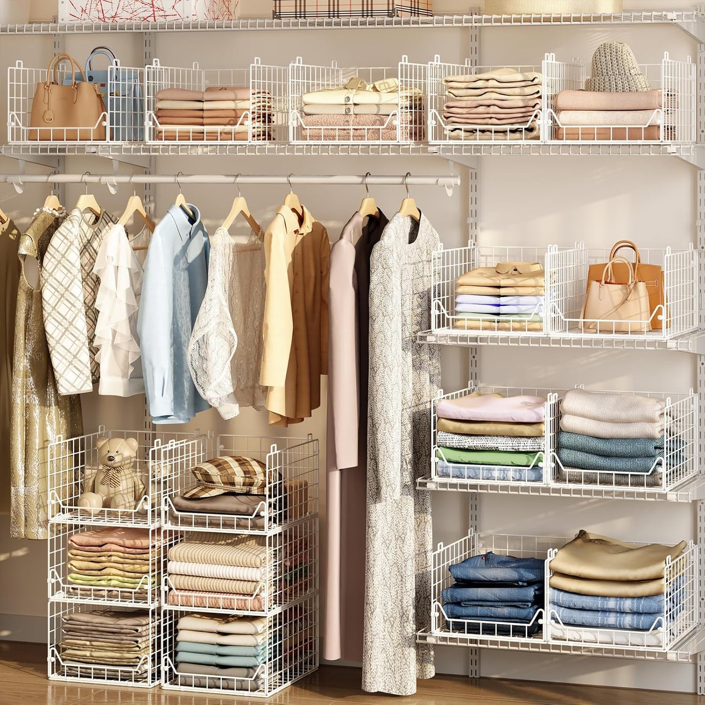 6-Tier Closet Shelf Organizer,Metal Stackable Closet Organizers and Storage,Clothes Storage Bins,Shelf Organizer Basket ,Folded Shelf Organizer for Closet Wardrobe,White