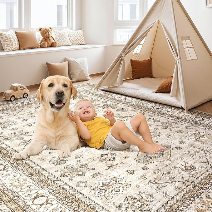 Vintage Living Room Area Rug 9X13 - Large Soft Washable Oriental Traditional Distressed Farmhouse Rugs for Bedroom - Indoor Floor Accent Carpet for Home Office House Decor - Beige