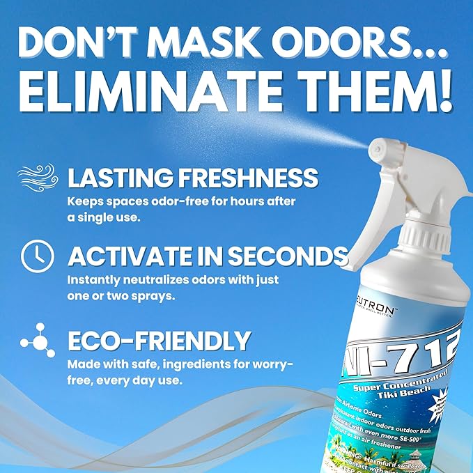 Neutron Industries NI-712 Tiki Beach Odor Eliminator Spray (4 bottles) – Powerful, Long-Lasting Odor Neutralizer – Instant Air Freshener for Home, Car & More – Pint-Sized (16 oz)