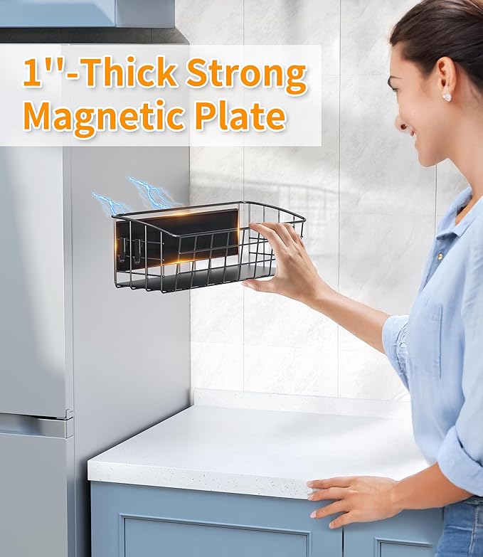 Magnetic Shelf for Refrigerator 2-Pack, Strong Magnetic Spice Rack with Removable Hooks for Kitchen Storage, Fruit Potato Onion Storage Shelves, Large Magnetic Basket Organizer for Fridge Oven Laundry
