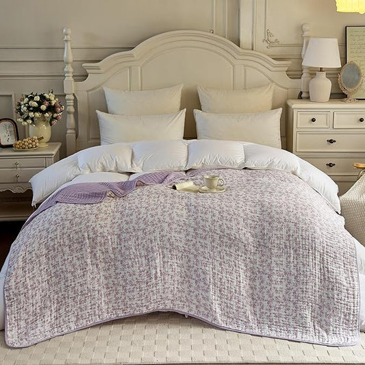 Muslin Blankets for Adults 100% Cotton 6-Layer Gauze Queen Size Floral Bed Blanket Lightweight Soft Breathable Quilt for All Season Both Sides for Couch Sofa Bed (Floral Purple-a, Queen 90" X 90")