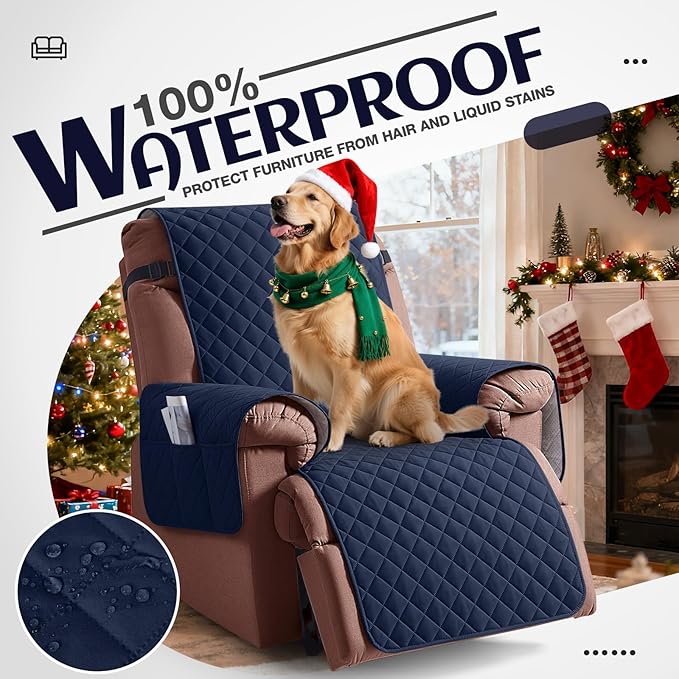 KinCam 100% Waterproof Recliner Chair Cover, Reclining Couch Covers for Pets, Dogs, Recliner Couch Slipcover Furniture Protector with Elastic Straps for Kids(30", Dark Blue)