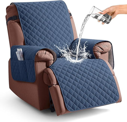 KinCam 100% Waterproof Recliner Chair Cover, Reclining Couch Covers for Pets, Dogs, Recliner Couch Slipcover Furniture Protector with Elastic Straps for Kids(23.6", Blue)