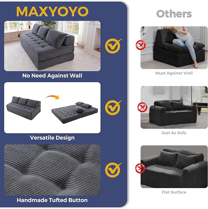 MAXYOYO Folding Sofa Couch, Convertible Floor Sleeper Couch with 3 Pillows, Tufted Floor Oversized Loveseat Couch Tufted Fold Out Chair Bed Comfy Sofa Lounge for Living Room Bedroom, Dark Grey