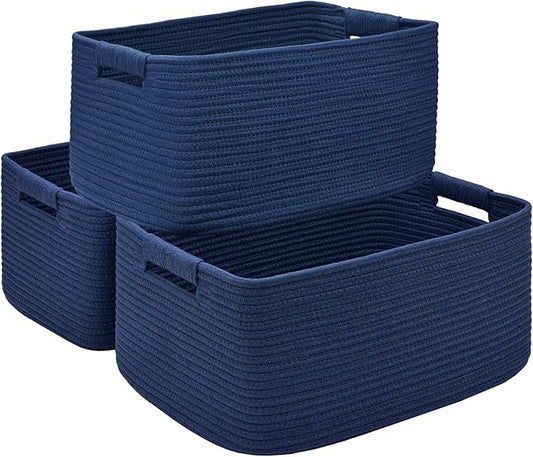 3 Pack Large Storage Basket for Organizing, 17.5"x13"x7" Woven Basket for Shelves, Closet Cube Storage Bins with Wrapped Handle, Cotton Rope Baskets for Kitchen, Clothes, Toys(Navy Blue)