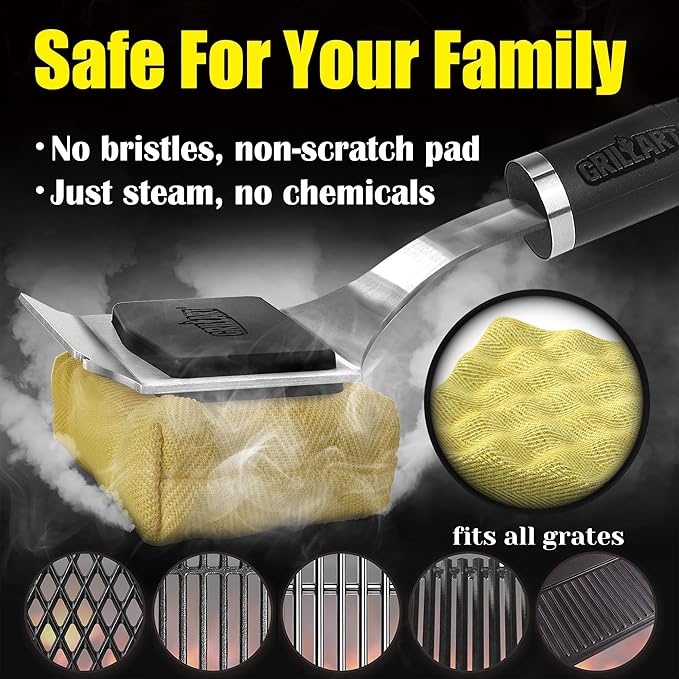 Grill Brush Bristle Free Safe Steam Cleaning Tool, Replaceable Head for Any Grate Type - 17” Long Handle w/One-Fit-All Scraper - BBQ Accessories Cleaner for Outdoor Grill - Gifts for Men/Dad