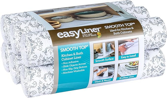 Smooth Top EasyLiner for Cabinets & Drawers - Easy to Install & Cut to Fit - Shelf Paper & Drawer Liner Non Adhesive - Non Slip Shelf Liner - 20in. x 6ft. - 6 Roll Project Pack - Gray Damask