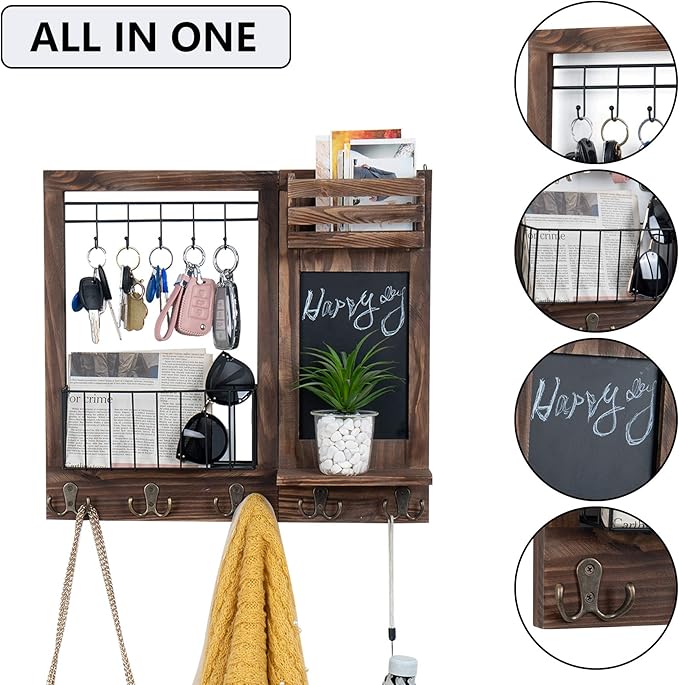 Key Holder for Wall, Mail Organizer Wall Mount with 5 Hooks and Shelf, Home Decorative with 5 Double Hooks and Chalkboard for Home Coat/Letter/Dog Leash/Entryway/Hallway/Living Room Decor