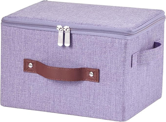 Storage Bins with Zipper Lid Cotton Linen Fabric Lidded Storage Baskets Boxes Foldable Washable Closet Shelf Clothes Organizer Container with PU Leather Handles (Purple, Small)