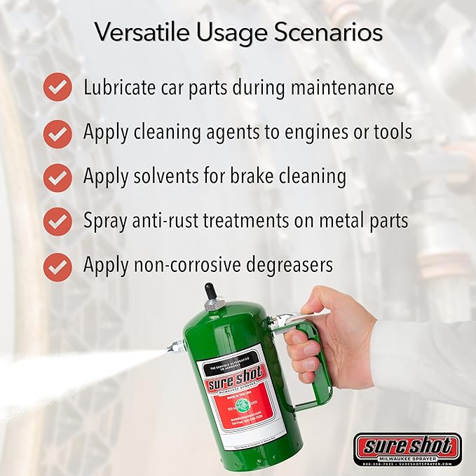 SURE SHOT A1000G 1-Quart Non Aerosol Sprayer - Refillable Pressurized Sprayer Can for Oil, Solvent, Degreasers, Lubricants - Rechargeable Steel Canister with Brass Nozzles - Made in The USA - 32oz.