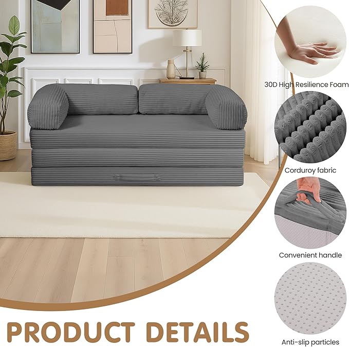 Convertible Sofa Bed King,5-in-1 Folding Boneless Couch Corduroy Futon Sofa Bed,Tri-Fold Mattress with Removable Armrests & Handle,Sleeper with Pull Out Bed for Small Space Living Room Bedroom
