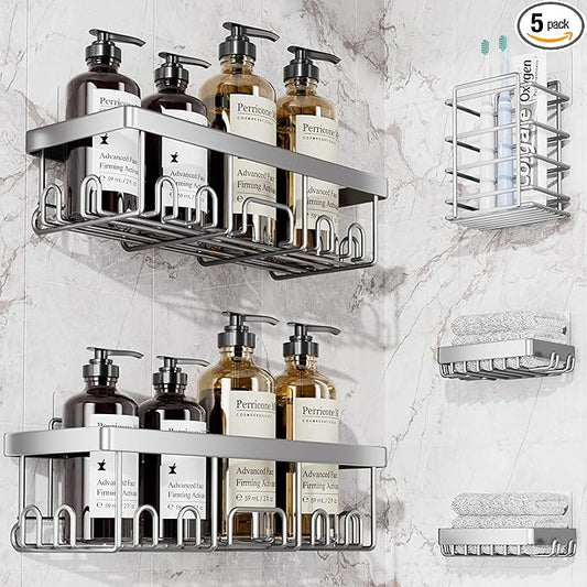 Veken Adhesive Shower Caddy 5-Pack,Heavy Weight Bearing,Large Wall Mounted Shower Shelves Rack,Organizer Storage Accessories with Soap Dish&Toothbrush Holder,Ideal for Bathroom,Home&Kitchen,Silver