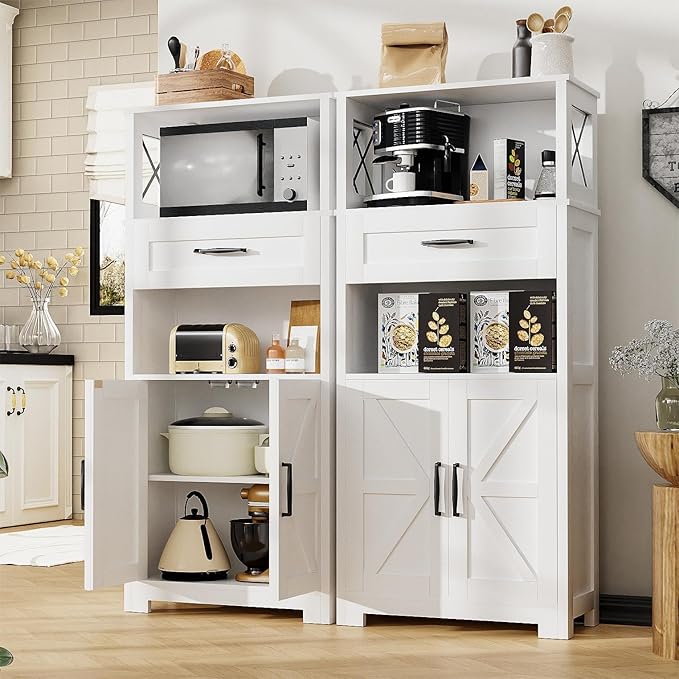 55" Tall Kitchen Pantry Cabient with 2 Microwave Stands, Farmhouse Pantry Storage Cabinet with Barn Doors and Large Drawer, Rustic Freestanding Cupboard for Kitchen and Dining Room (White)