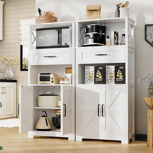 55" Tall Kitchen Pantry Cabient with 2 Microwave Stands, Farmhouse Pantry Storage Cabinet with Barn Doors and Large Drawer, Rustic Freestanding Cupboard for Kitchen and Dining Room (White)