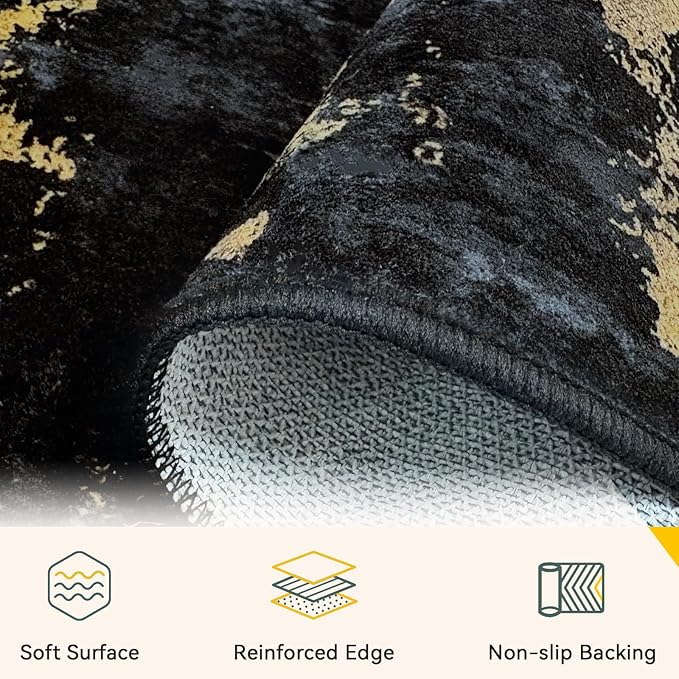 Washable Area Rugs 10'x12' Non-Slip Modern Abstract Soft for Living Room Entryway Bedroom Nursery, Print Pattern, Dark Black Gold
