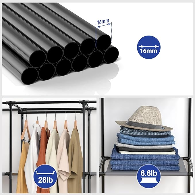 Portable Closet, Wardrobe Closet with 10 Storage Shelves and 2 Hanging Rods, Non-Woven Fabric Cover, 52.4 x 18.1 x 66.6 Inches Closet Organizer for Bedroom, Gray