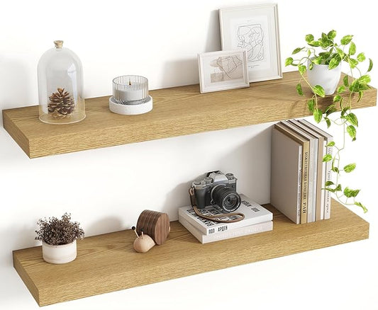 30 Inch Floating Shelves, 8 Inch Deep Floating Shelves for Wall, Hanging Shelf with Invisible Brackets, Deep Shelves for Bathroom, Bedroom, Living Room, Oak, Set of 2