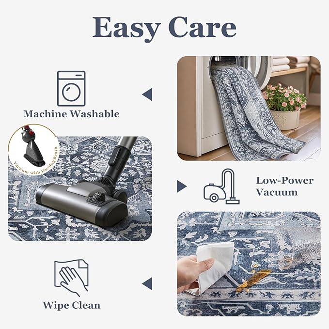 Blue Gray 5x8 Area Rugs for Living Room, Modern Vintage Medallion Dining Room Rug Washable Non Slip, Transitional Distressed Low Pile Thin Carpet Rugs for Den/Bedroom/Foyer/Home Office
