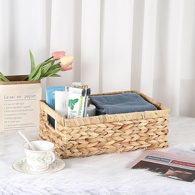 Hipiwe Water Hyacinth Wicker Storage Basket Opened Baskets Bin, Rectangular Shelf Basket Box for Organizing, Hand-Woven Closet Bedroom Organizer Bin Decorative Baskets with Handles, 13.8”x9.3"