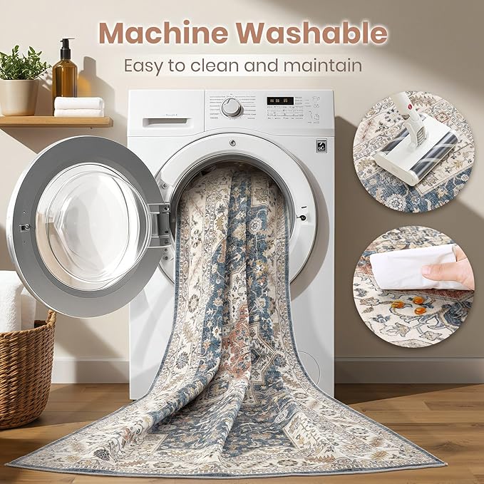 Vintage Living Room Area Rug 6x9 - Large Soft Washable Oriental Traditional Distressed Farmhouse Rugs for Bedroom - Indoor Floor Accent Carpet for Home Office House Decor - Vintage Blue