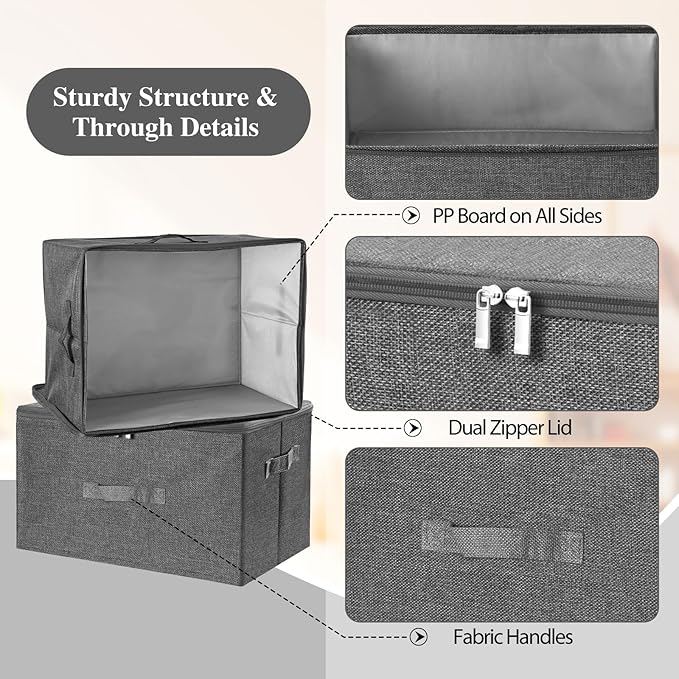 ANMINY 3PCS Storage Bins with Zipper Lids 51.9 Qt Lidded Fabric Storage Boxes Baskets Cubes with Handles Collapsible Washable Cotton Linen Closet Shelf Clothes Organizer - Gray, Extra Large
