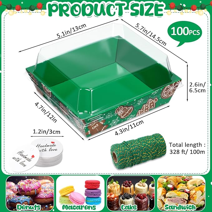 Outus 100 Pack Charcuterie Boxes with Clear Lids, 5.7 x 5.1 '', Mother 's Day Back to School Paper Food Containers Cake Take out Bakery Boxes with Gift Tags Rope for Desserts(Green,Brown,Christmas)