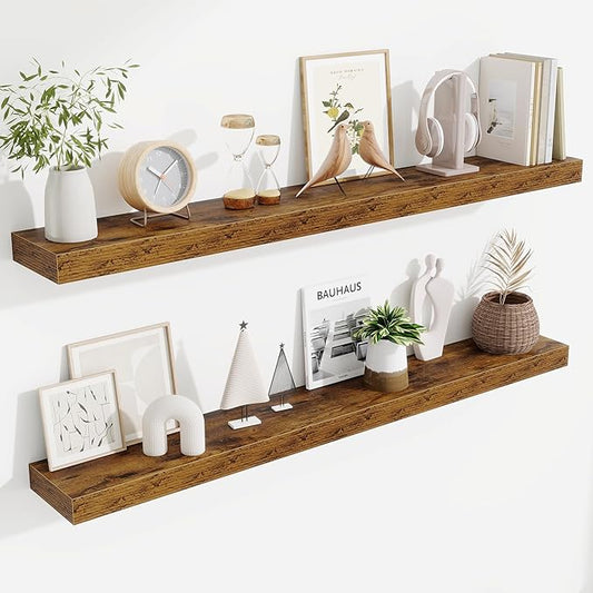 Fun Memories Floating Shelves 48 Inch, Extra Large Wood Shelf Set of 2, Hanging Wall Shelves for Bathroom, Living Room, Kitchen, Bedroom, Rustic Brown