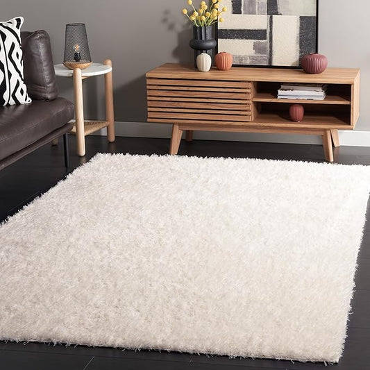 SAFAVIEH Lindsay Shag Collection Area Rug - 6'7" Square, Ivory, Solid Design, Plush 1.8-inch Thick, Ideal for High Traffic Areas in Living Room, Bedroom, Dining Room (LNS560A-7SQ)