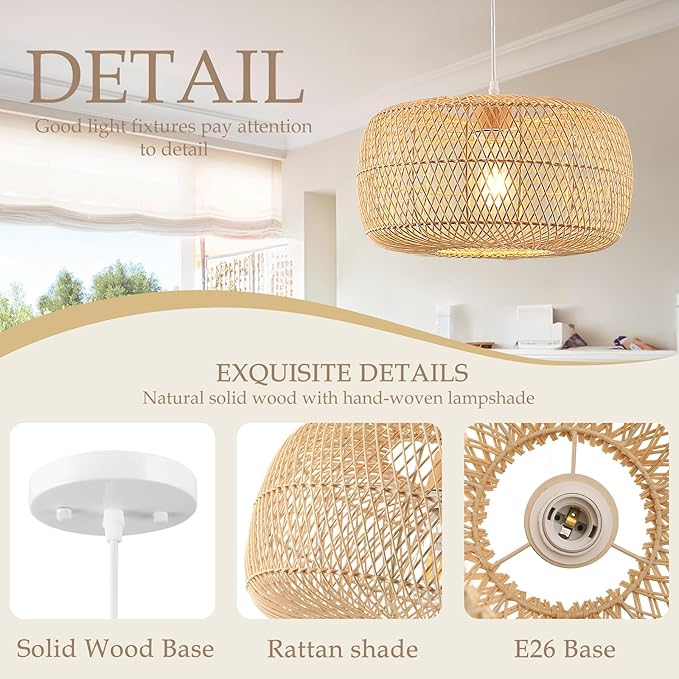 Hand-Woven Rattan Drum Pendant Light, 16in Boho Wicker Chandelier Hanging Lighting Fixture Coastal Pendant Lights for Dining Room Kitchen Island Living Room Bedroom Foyer Entrance
