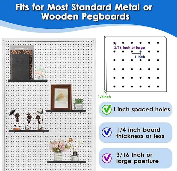 Kokone 6 Pack Pegboard Shelves with Lip Around The Edge, 12x4 Flat Display Shelves for Pegboard Storing or Displaying, Wall Pegboard Shelves Accessories Steel Tray for Garage Workshop Craft Room