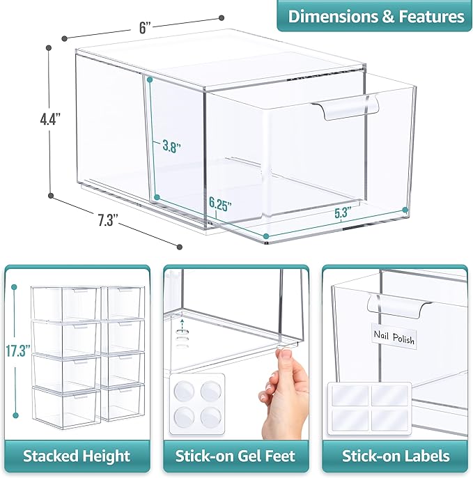 Sorbus Stackable Acrylic Drawers - Clear Make Up Organizers for Vanity - 8 Plastic Storage Bins for Room Decor, Bathroom Organization and Storage, Office Supplies, Makeup Drawer Organizer, Undersink