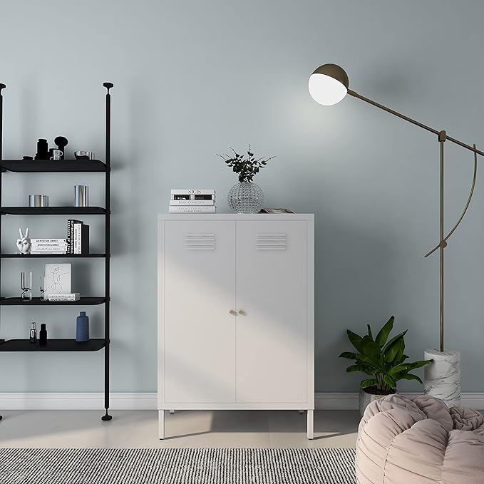 White Metal Locker Storage Accent Cabinets with 2 Adjustable Shelves, 3 Tier Metal Storage Cabinet with Legs, Steel Cupboard Lockers for Kids Bedroom, Home, Office, Entryway, Kitchen