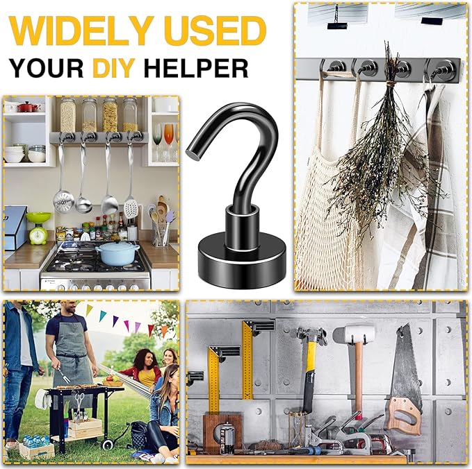 DIYMAG Magnetic Hooks, 30lbs+ Magnet Hook 2025 Cruise Cabin Ship Essentials Heavy Duty Strong Magnets Refrigerator Fridge Hanging for Classroom Beach Vacation Kitchen Grills Home 6 Pack (Black)