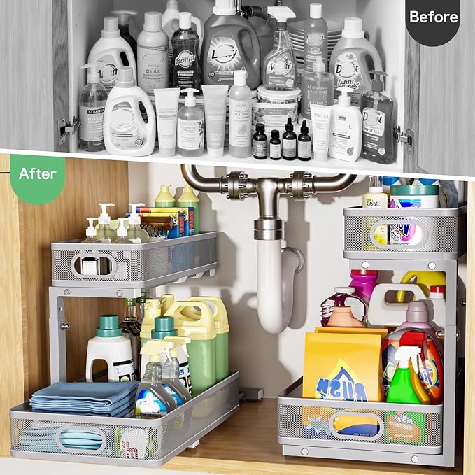 der Sink Organizer, High Adjustable 2 Tier Under Sink Organizers and Storage, Slide Out Metal Cabinet Organizers, Pull Out Sink Storage Drawer Shelf for Kitchen Bathroom Cabinet, Grey, 2 Pack
