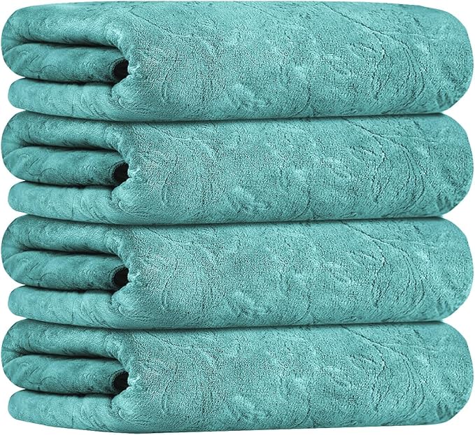 Microfiber Bath Towels, Bath Towel 4 Pack(30" x 60"), Oversized, Soft, Super Absortbent and Fast Drying, Multipurpose Use for Sports, Fitness, Yoga, Green-Floral Embossed