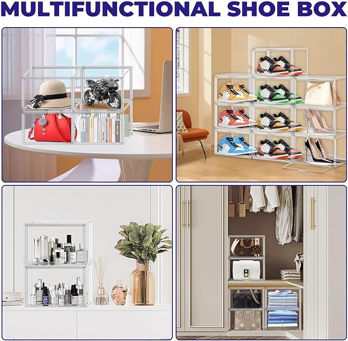 Clear Shoe Storage Boxes 6 Pack, Size 13 Acrylic Shoe Box Stackable Large Sneakers Display Case with Magnetic Door Hat Collectibles Handbag Purse Organizer for Closet